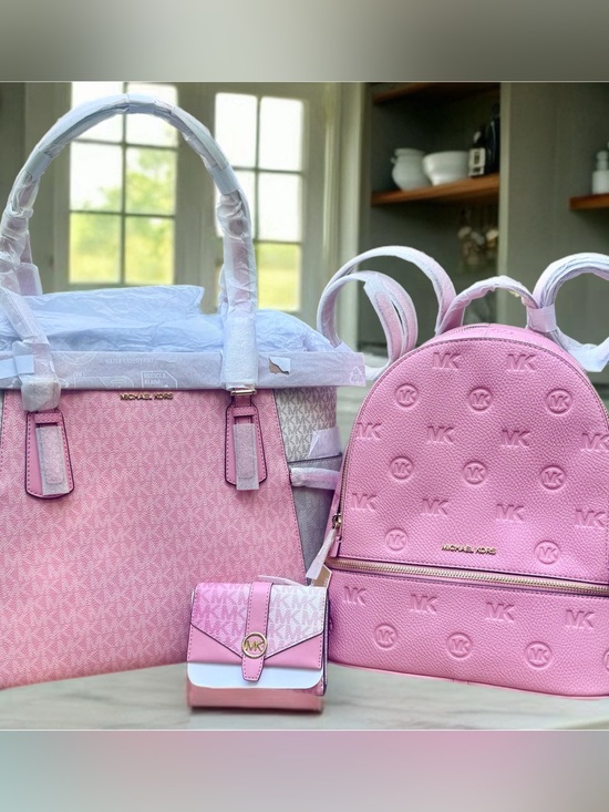 Michael Kors Handbags - Michael Kors Pink Logo Tote, Embossed Backpack & Trifold Wallet Set